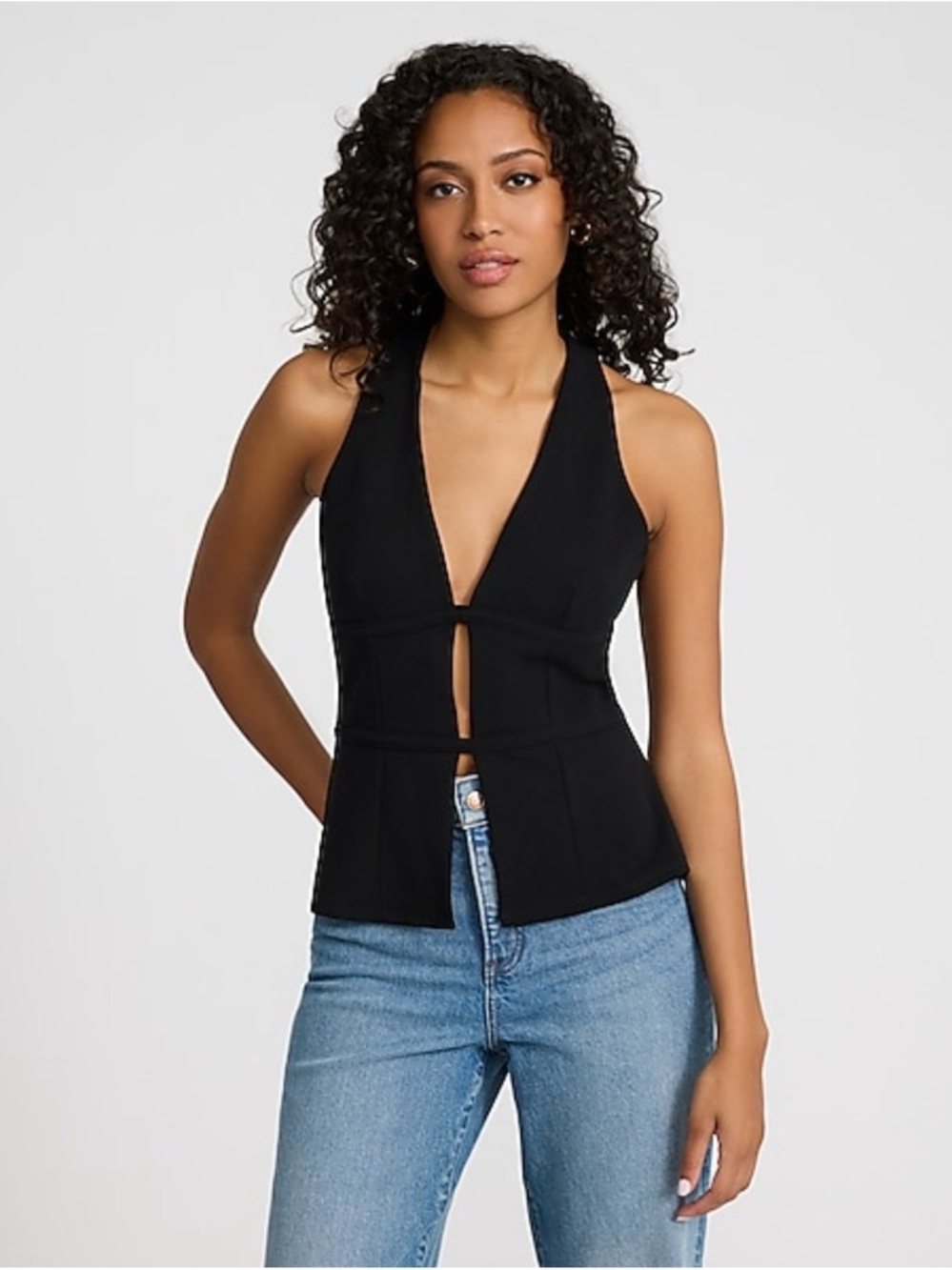 Express Studio Stretch Crepe Halter V-Neck Sleeveless Banded Cutout Tank